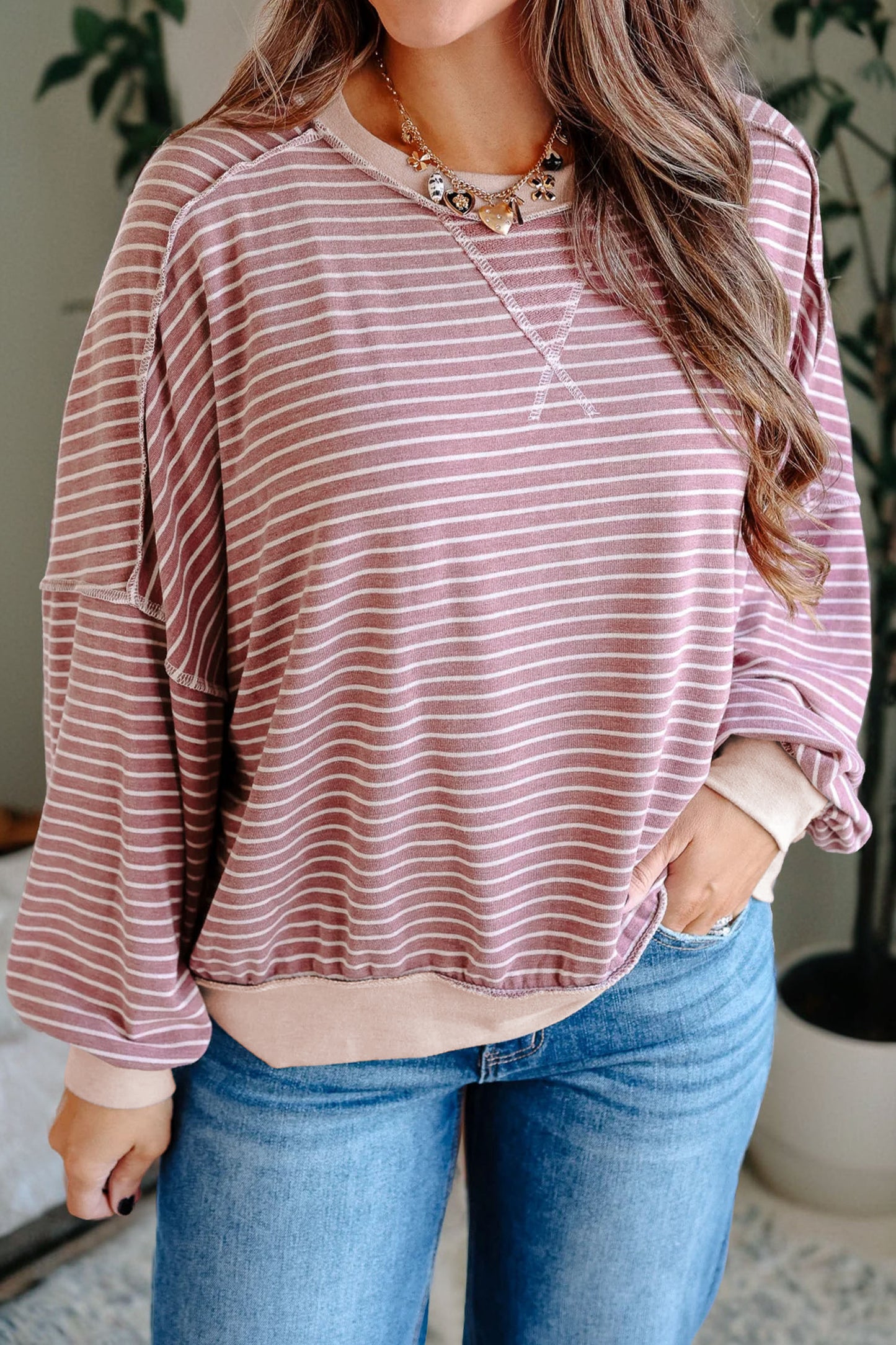 Pink Stripe Exposed Stitching Patchwork Casual Long Sleeve Top