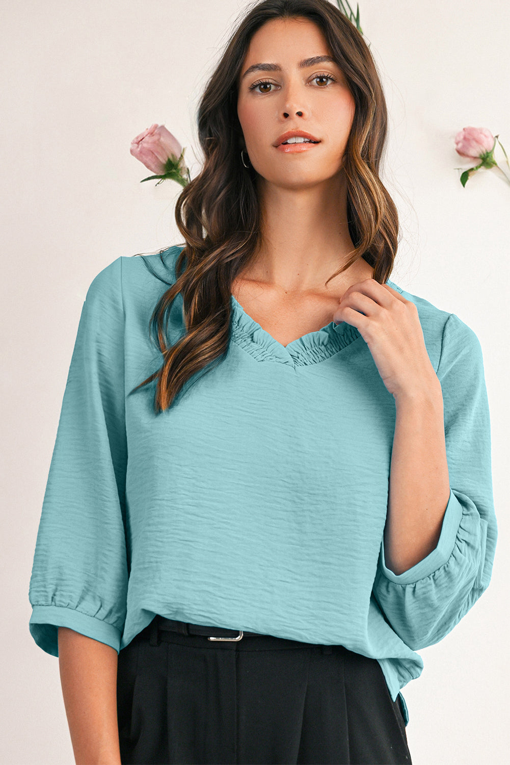 Moonlight Jade Frill V Neckline Puff Sleeve Crinkled Blouse