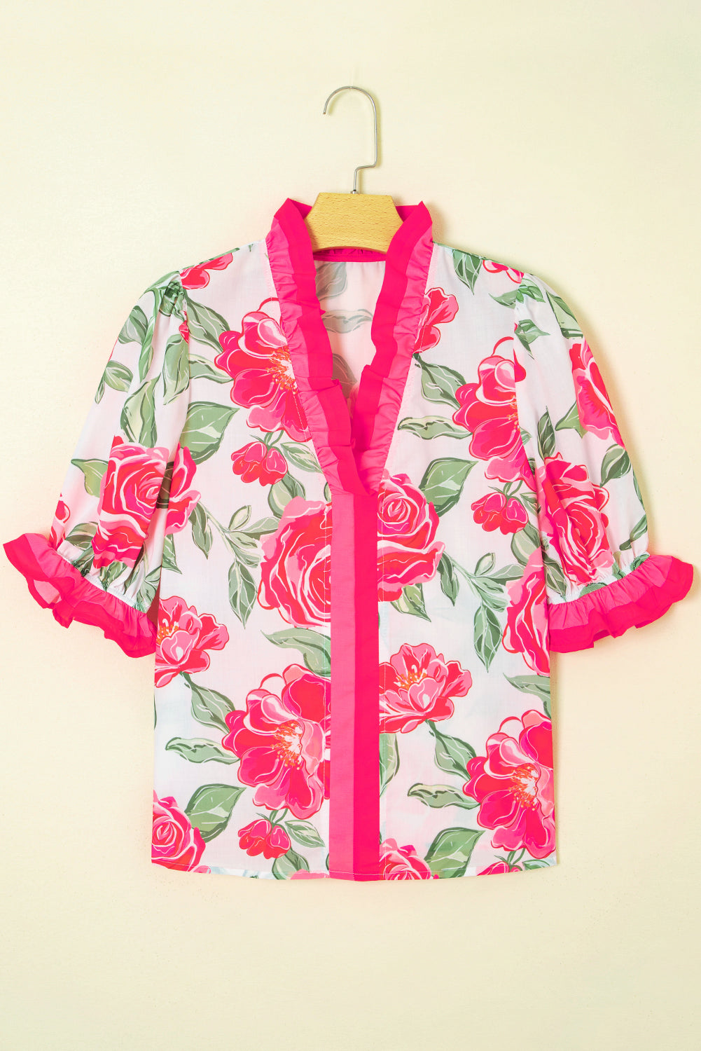 Rose Floral Print Ruffle Puff Sleeve Pop of Color Neckline Blouse