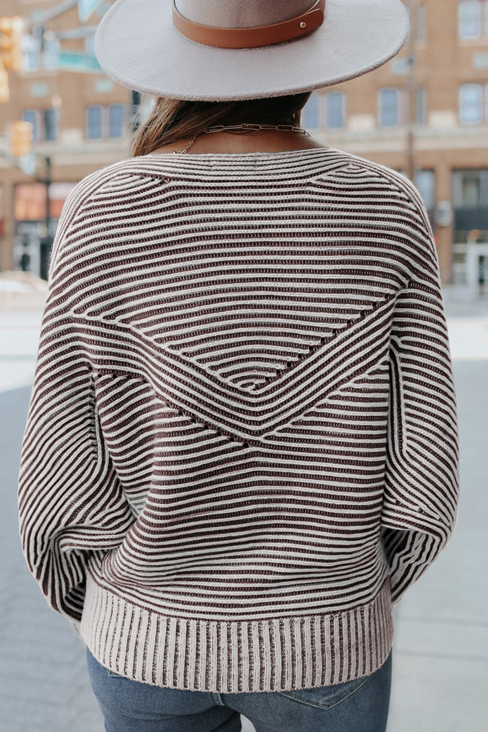 Coffee Striped Print Ribbed Knit Raglan Sleeve Baggy Sweater