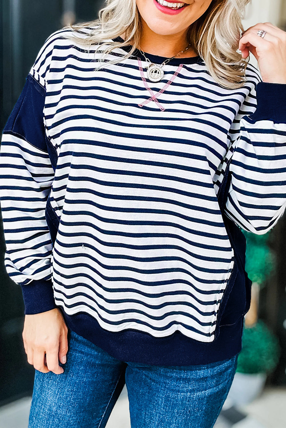 Blue Stripe Contrast Stitched Detail Color Block Patchwork Plus Size Sweatshirt