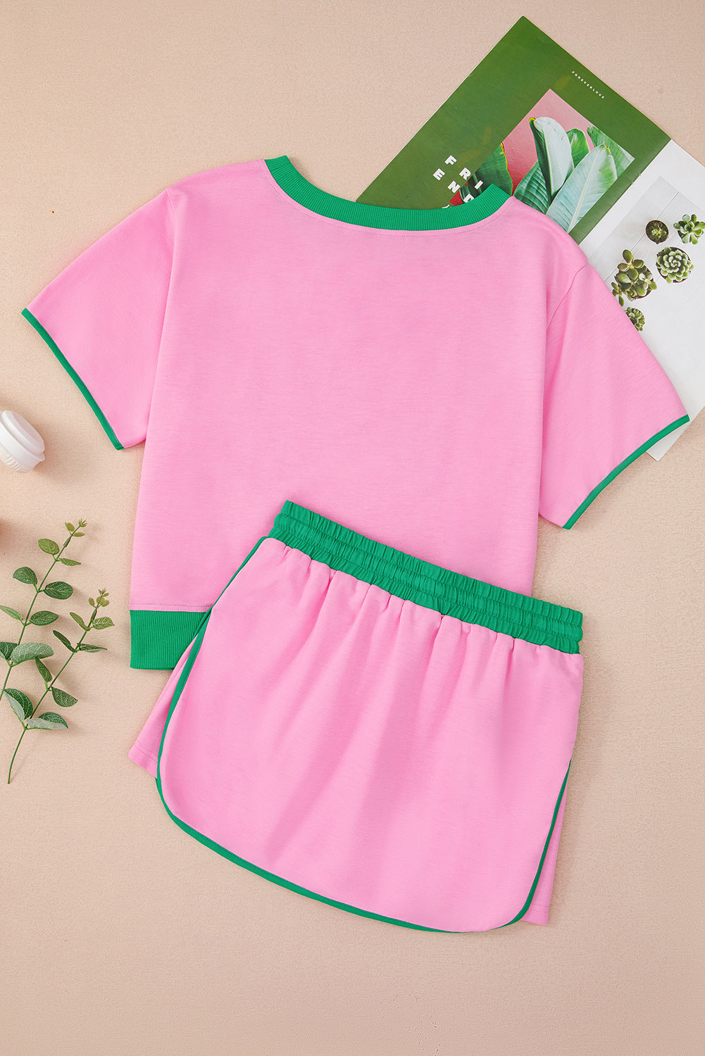 Evergreen Colorblock Edge Drop Shoulder T Shirt and Skort 2Pcs Set