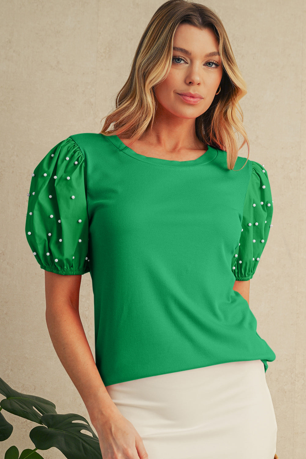 Light Pink Ribbed Pearl Beaded Puff Sleeve Top