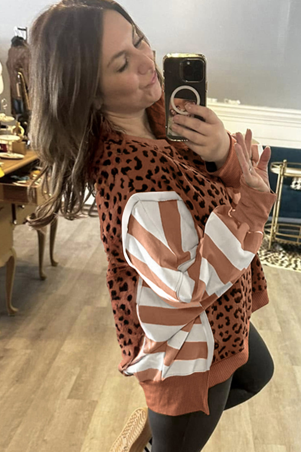 Purple Leopard Striped Patchwork Plus Size Loose Sweatshirt