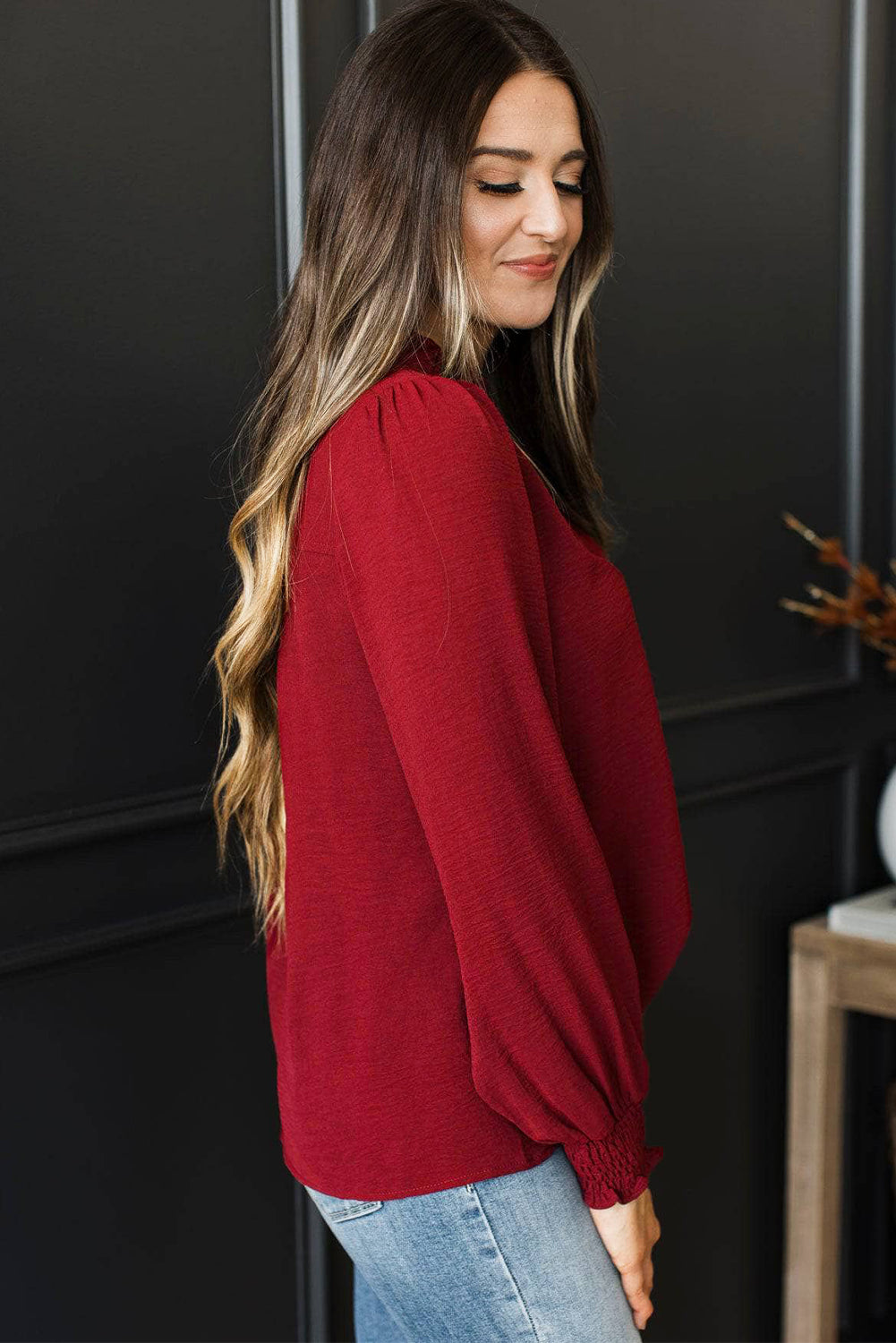 Burgundy Notched Neck Shirred Cuffs Long Sleeve Blouse