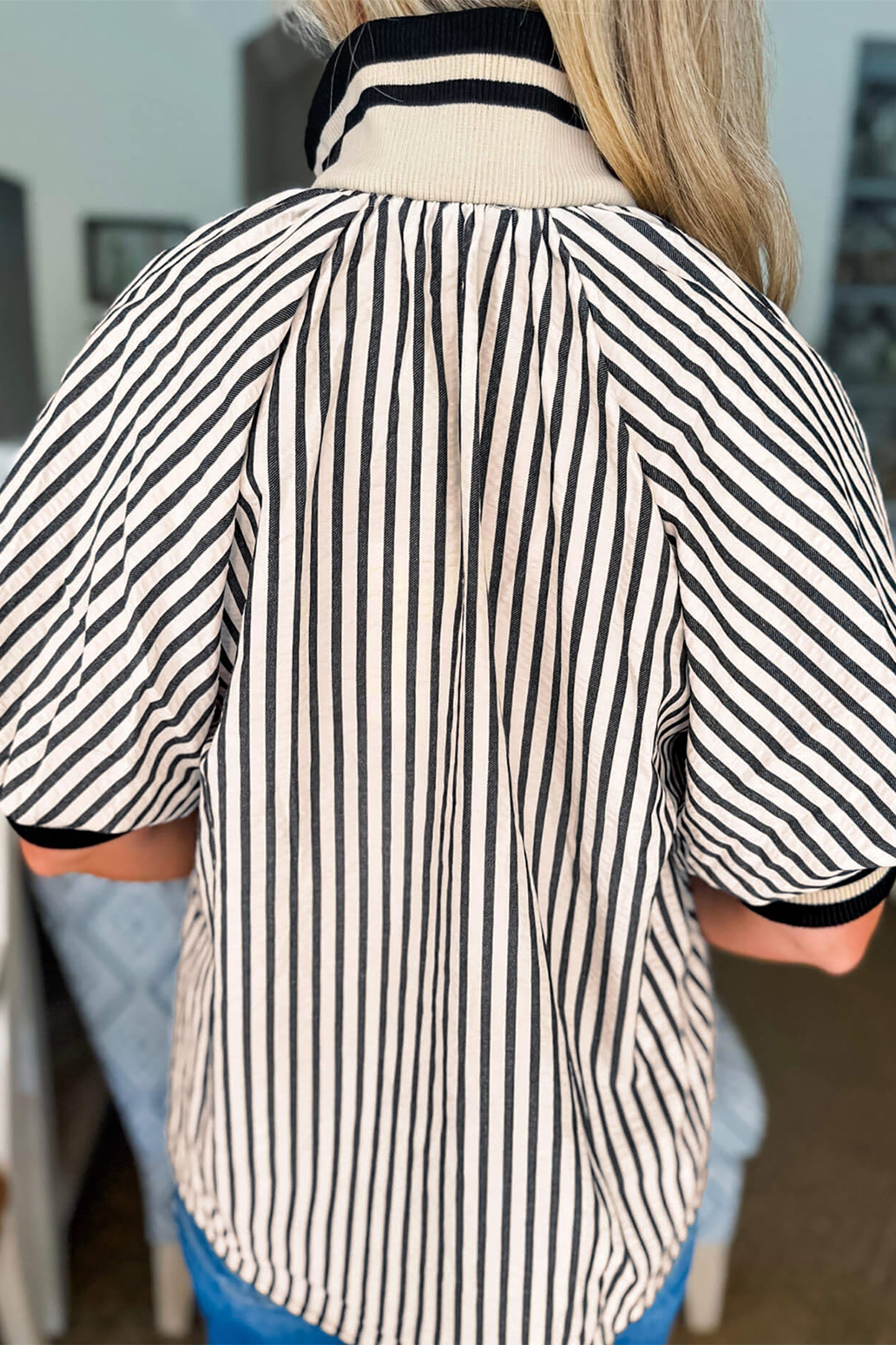 Black Stripe Puff Sleeve Blouse