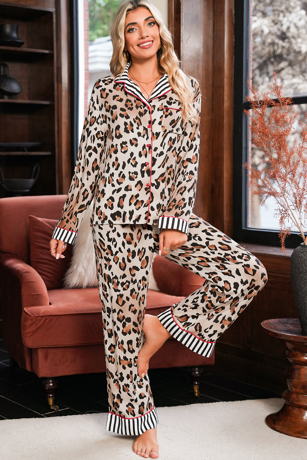 Khaki Leopard Print Colorblock Striped Patchwork Shirt and Pants Pajama Set