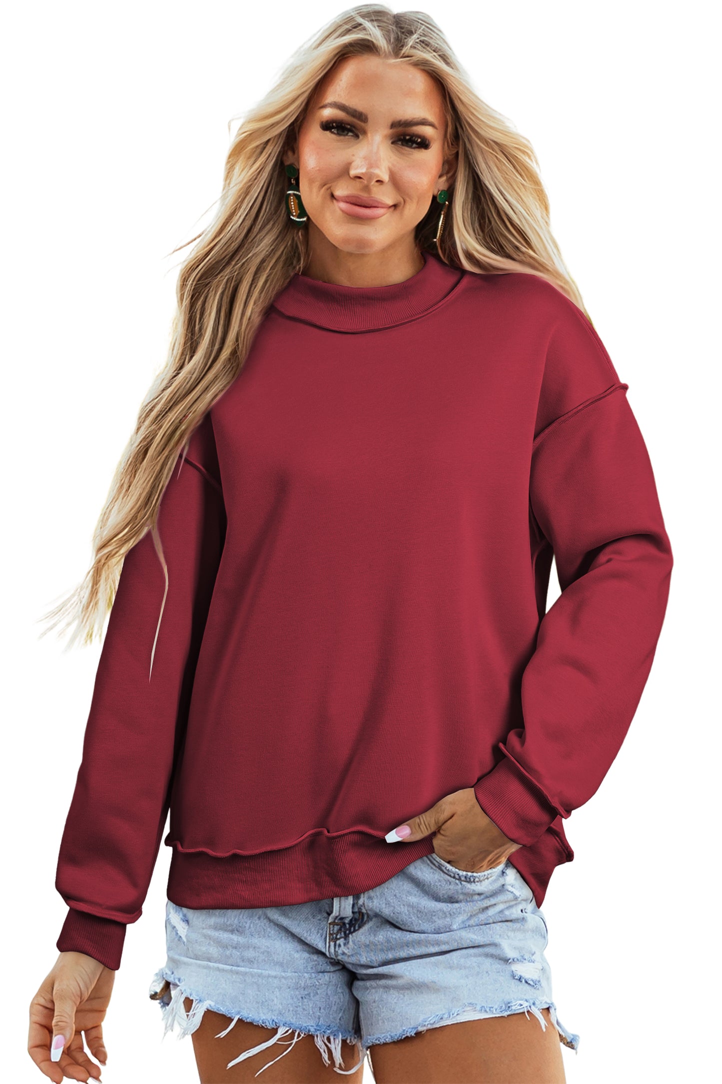 Apricot Oversize Drop Shoulder Reversible Mock Neck Sweatshirt