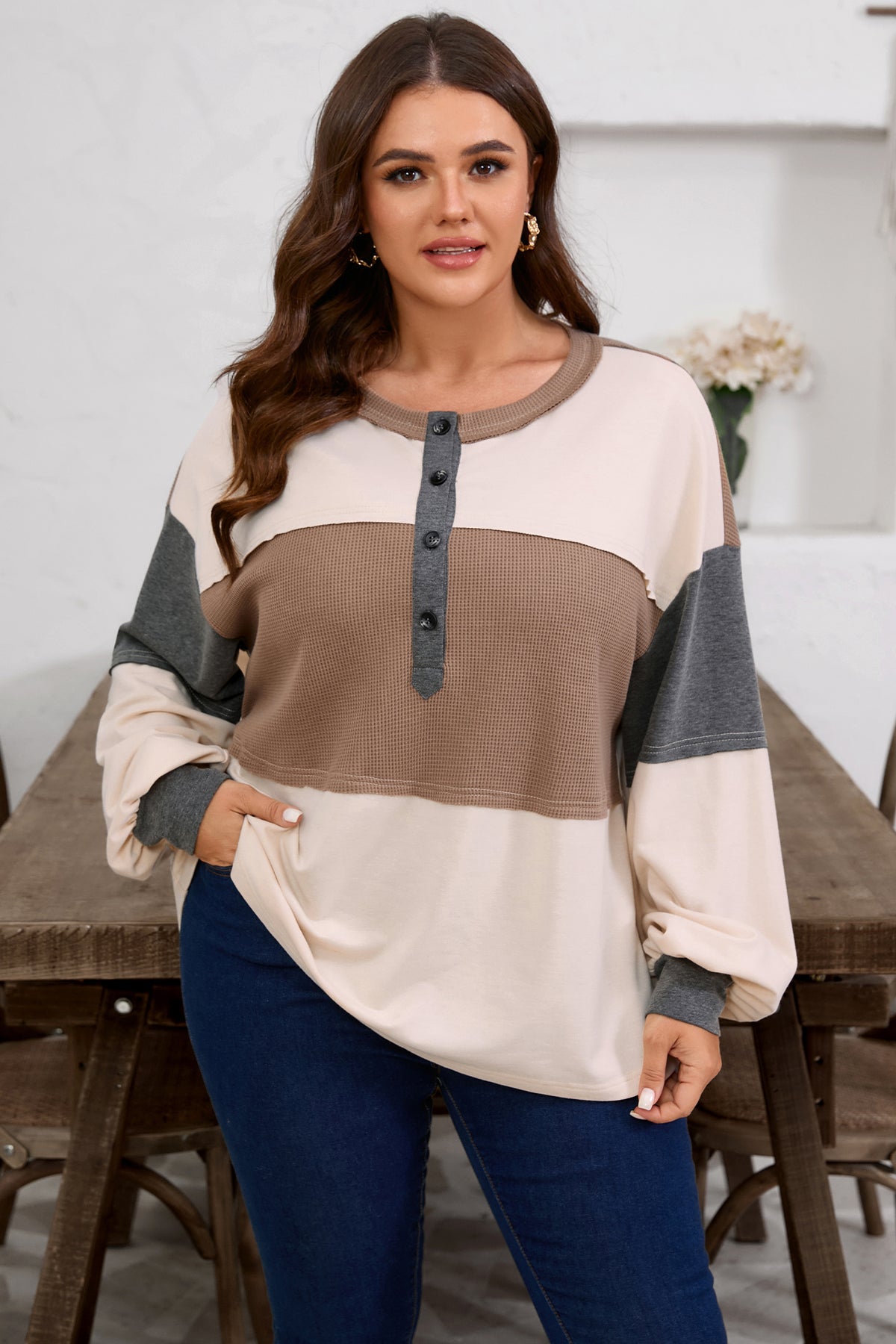 Jet Stream Waffle Patchwork Colorblock Half Buttons Casual Plus Size Knit Jumper