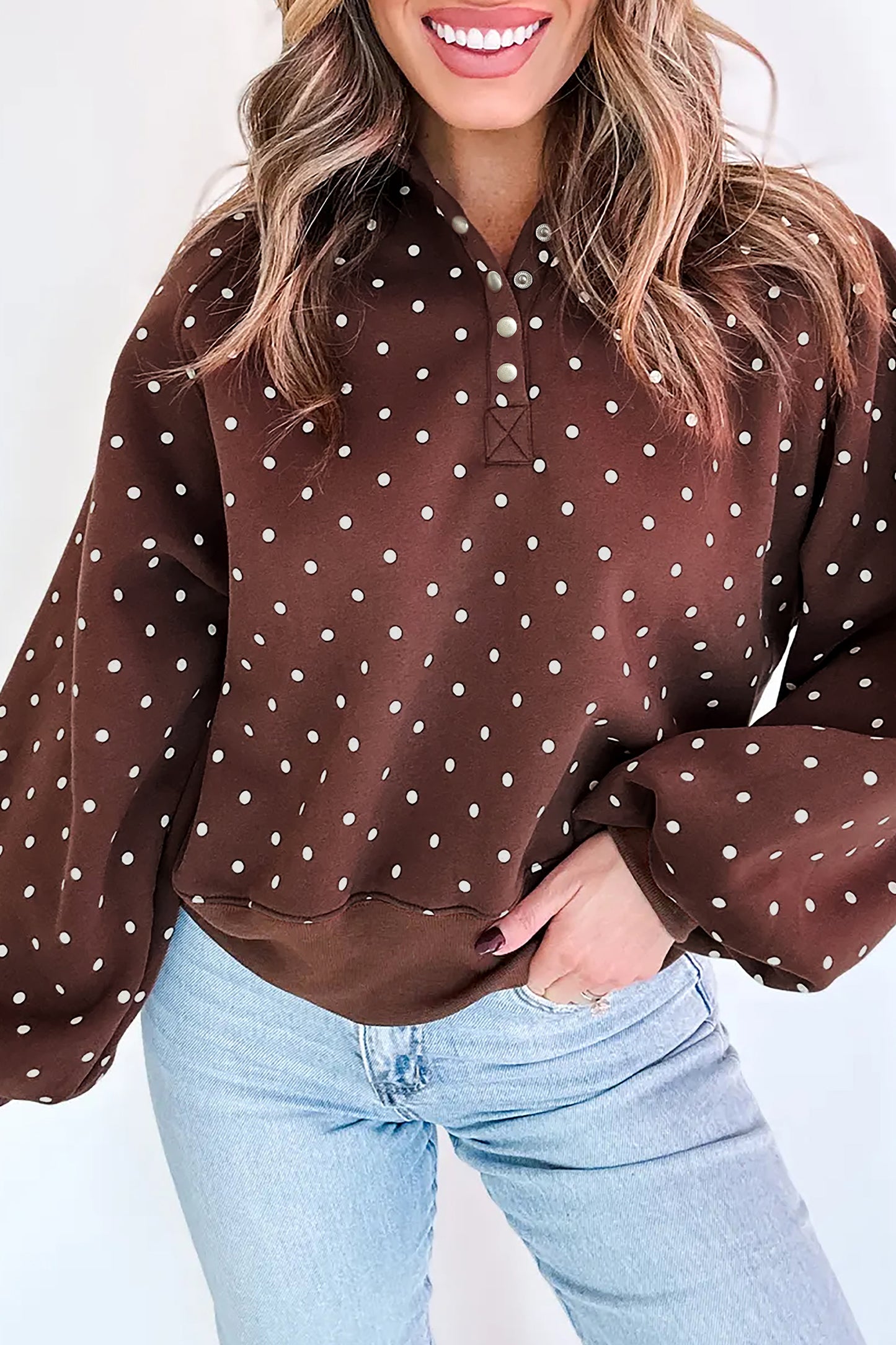 Brown Polka Dot Print Metal Button Collar Casual Pullover Sweatshirt