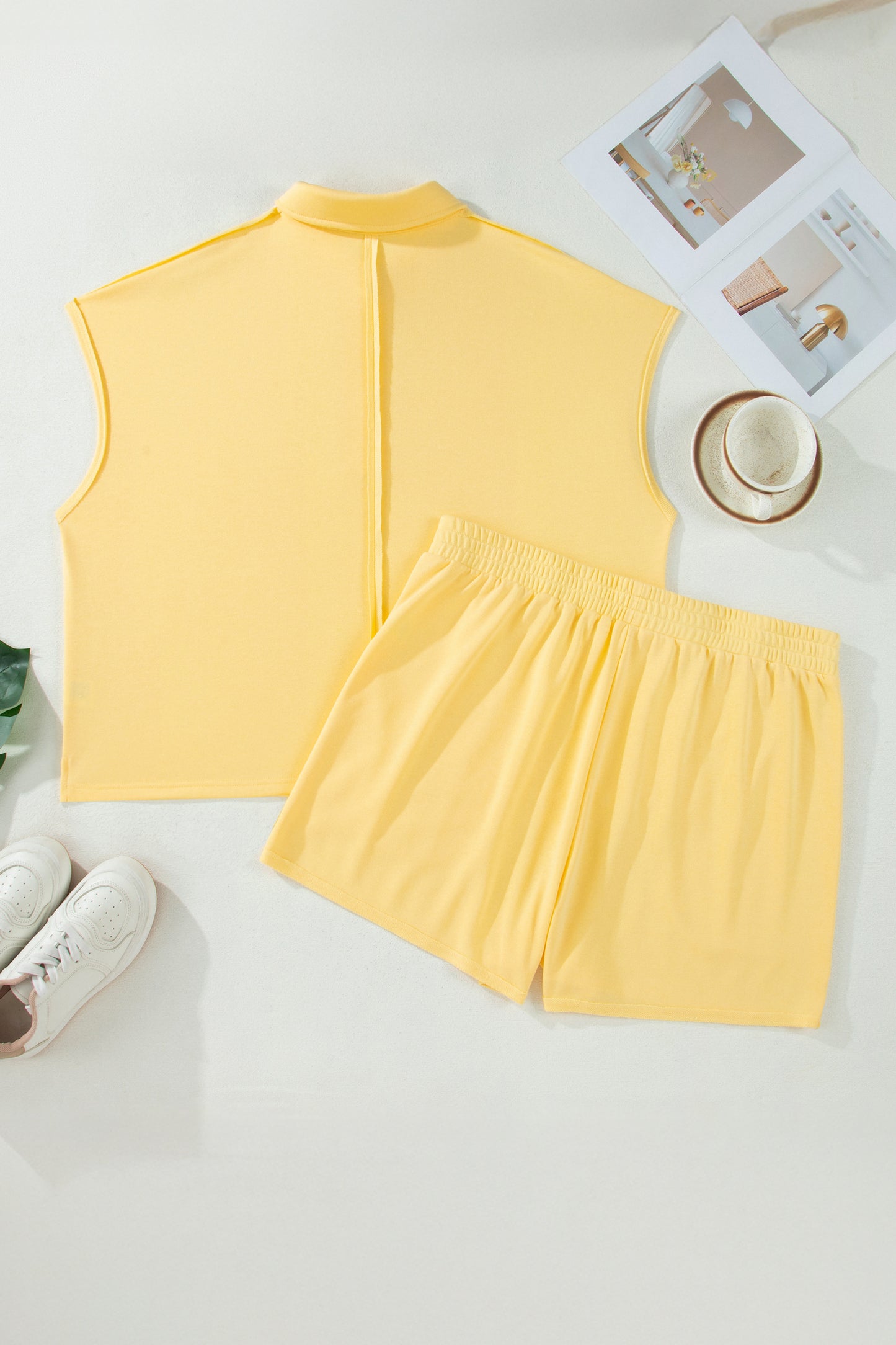 Yellow Cream Solid Color Polo Tee Elastic Waist Shorts Plus Size Outfit