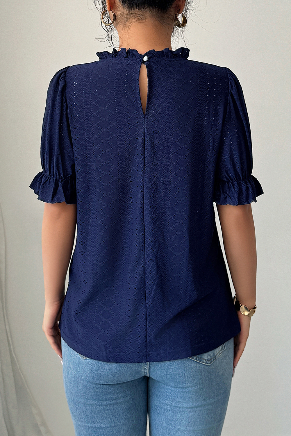 Navy Blue Frill Neck Plain Eyelet Blouse