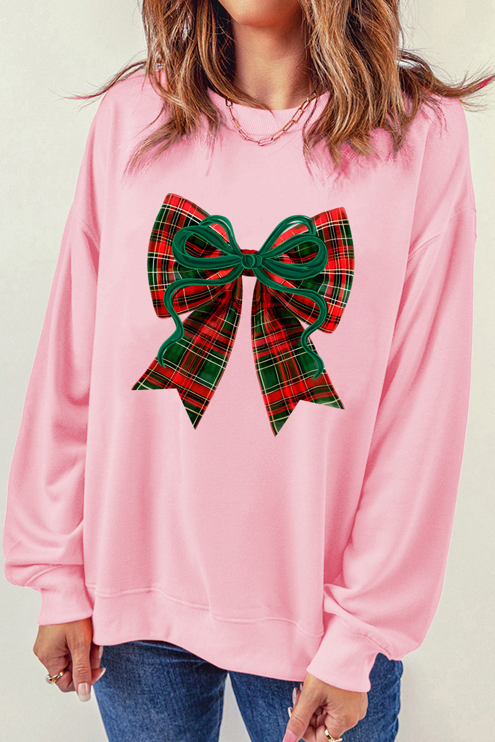Pink Plaid Bow Heat Transfer Printing Christmas Vibe Sweatshirt