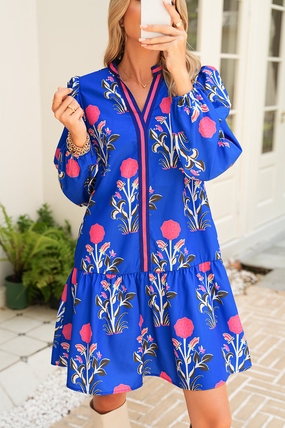 White Floral Print Pop of Color V Neck Mini Dress