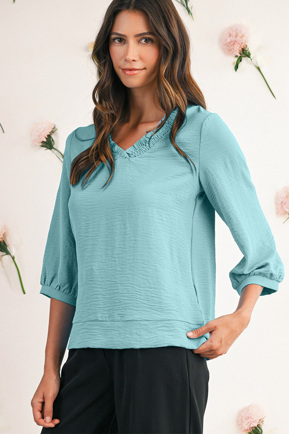 Moonlight Jade Frill V Neckline Puff Sleeve Crinkled Blouse