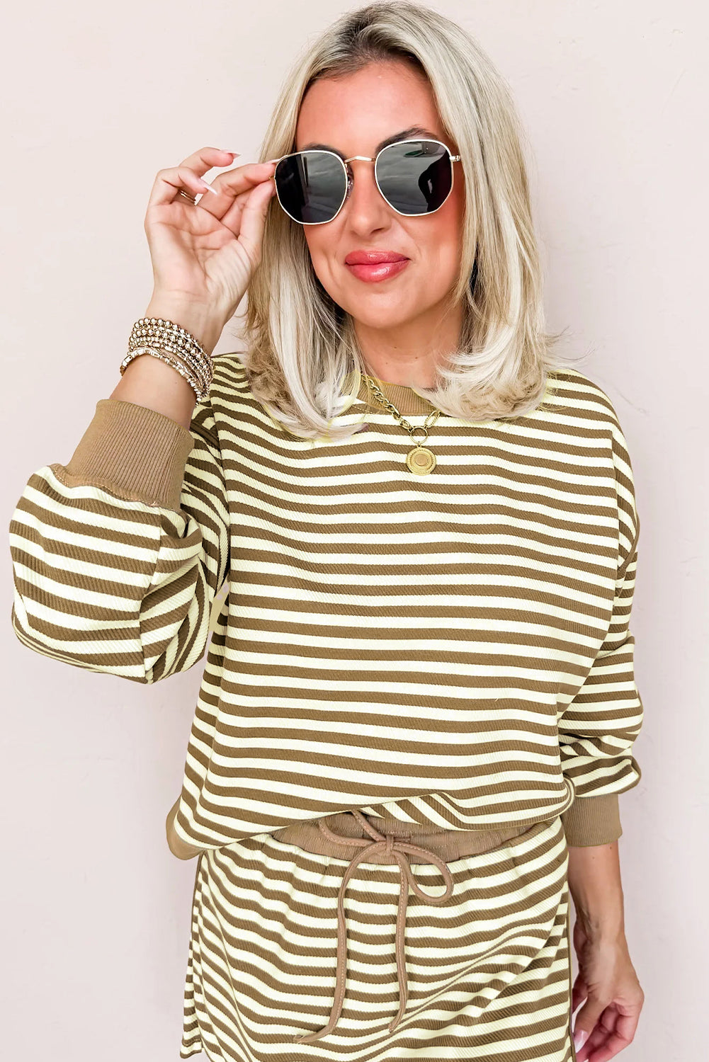 Brown Stripe Textured Drop Shoulder Pullover Top Drawstring Mini Skirt Two Piece Dress Set