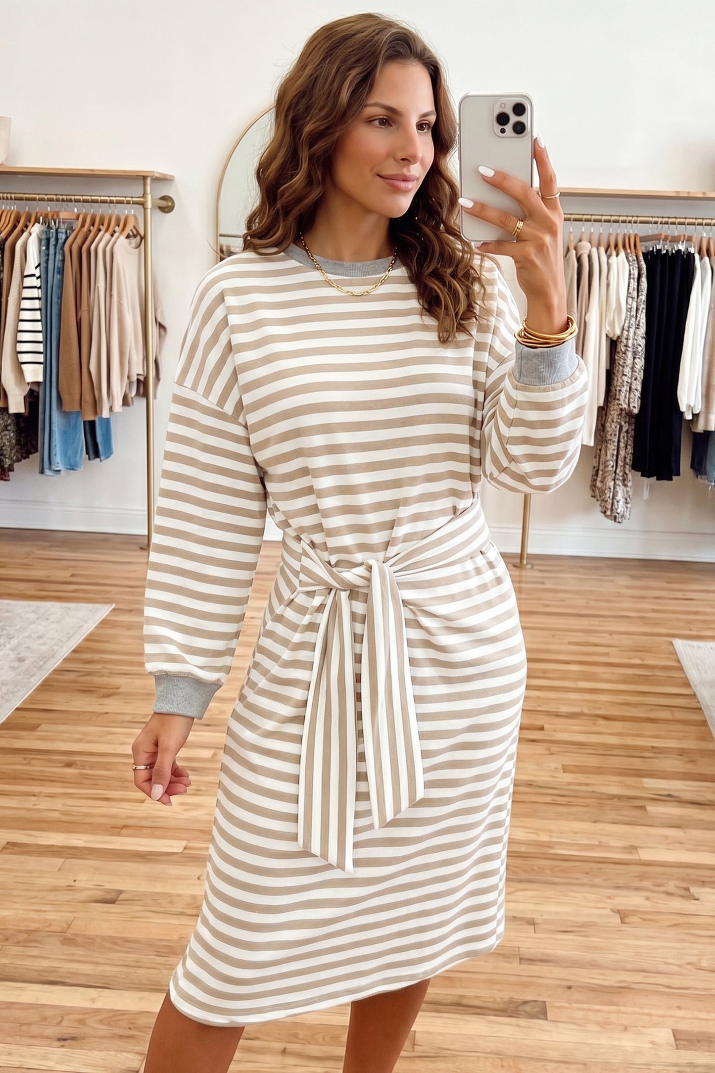 Brown Stripe Striped Colorblock Cuffs Round Neck Long Sleeve Shift Dress