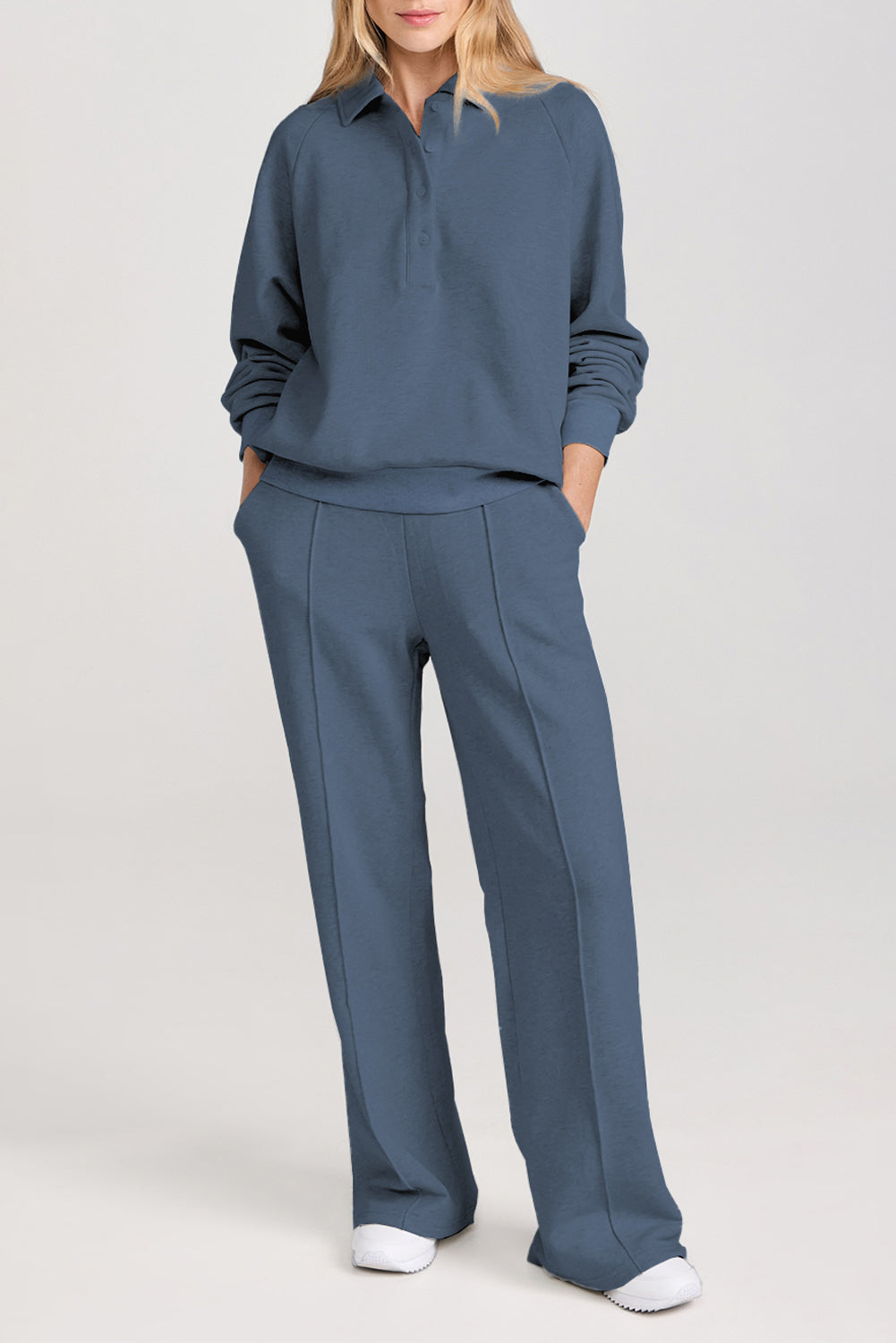 Sail Blue Solid Collared Sweatshirt and High Waist Pants Active Set