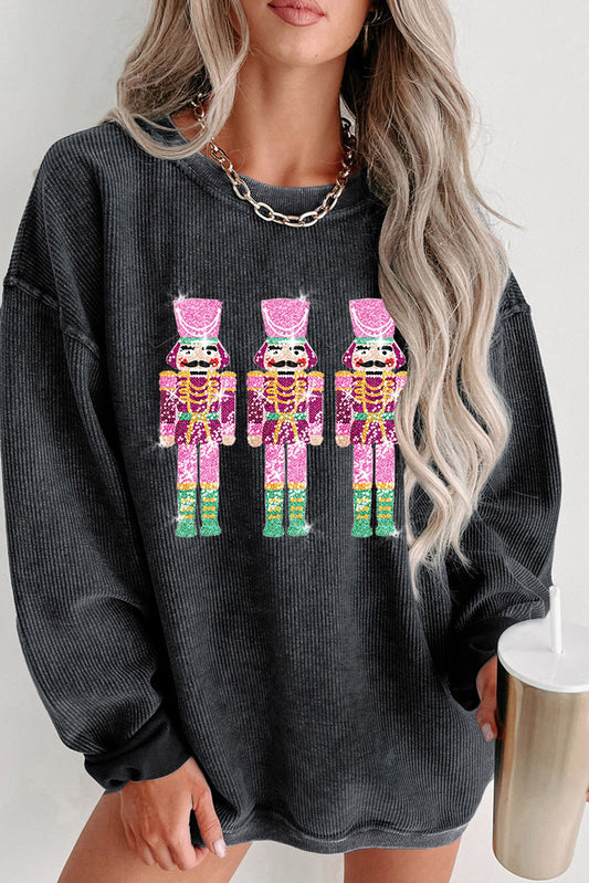 Black Nutcracker Graphic Sequins Patch Mineral Wash Corded Sweatshirt