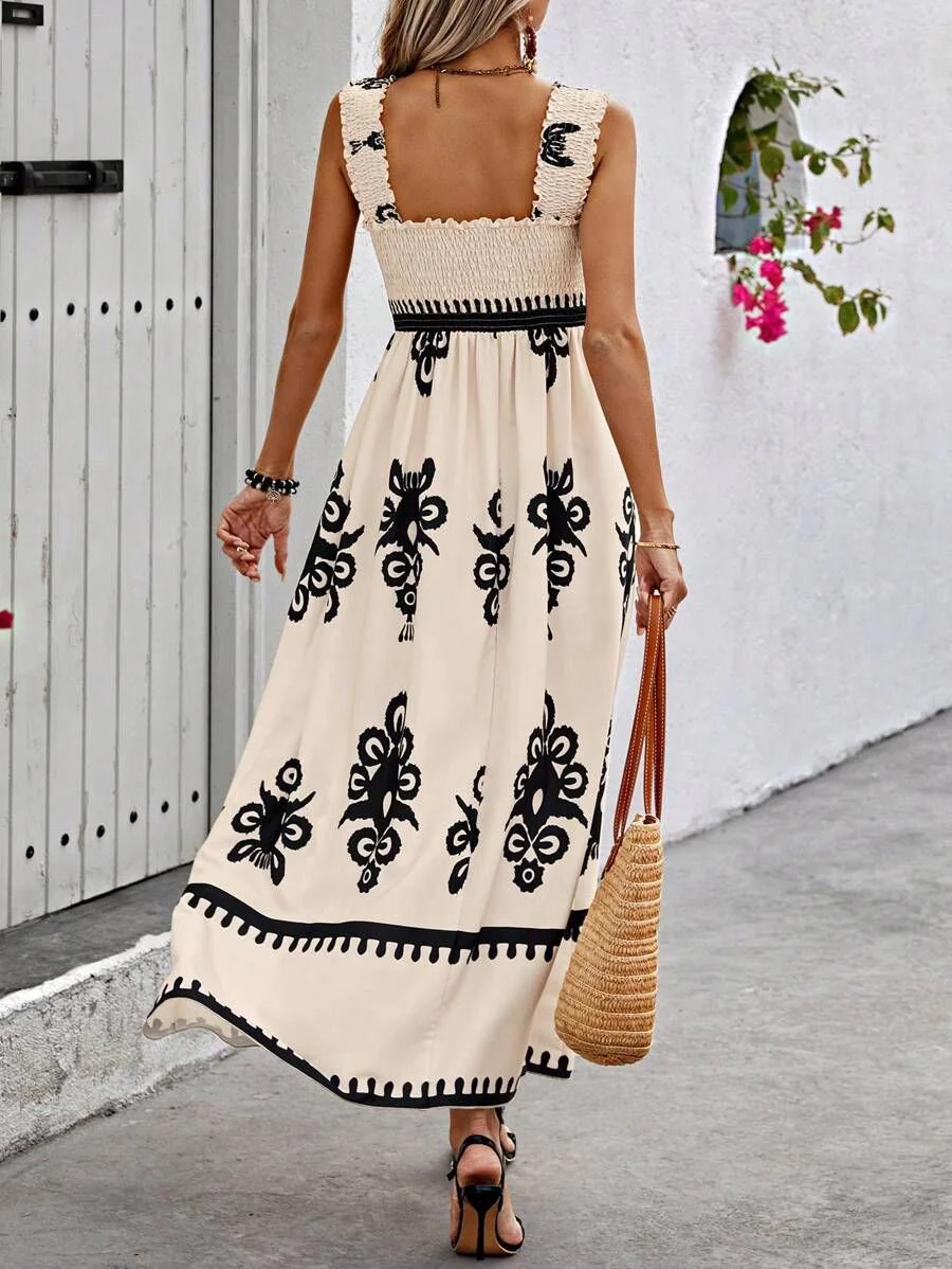 Apricot Boho Print Smocked Ruffle Sleeveless Maxi Dress