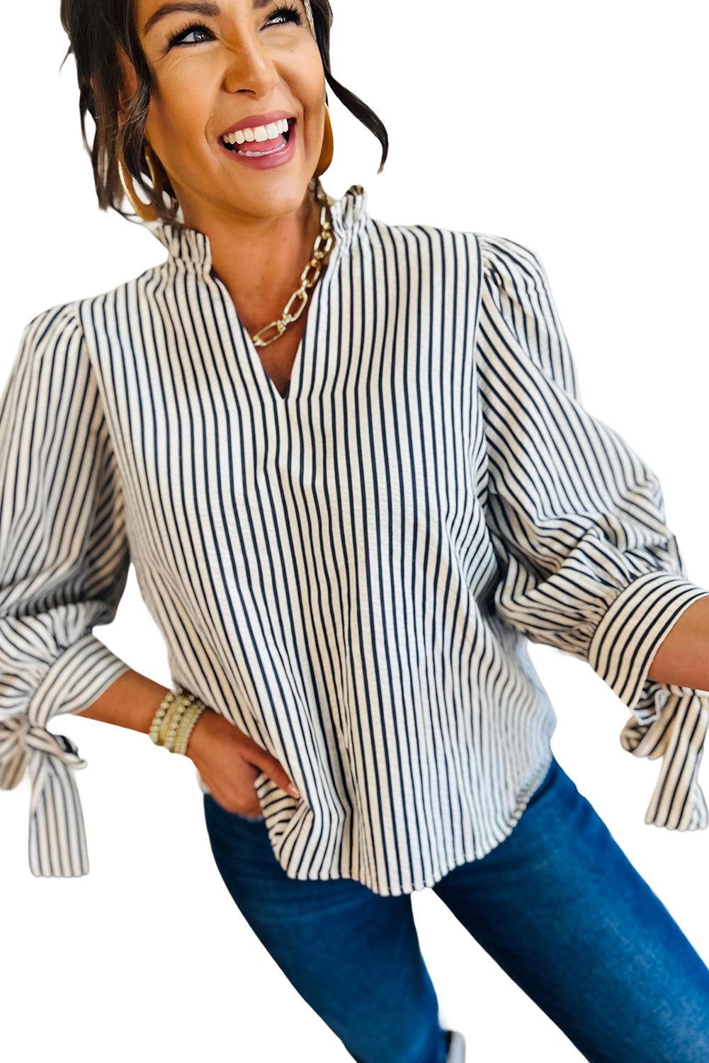 Black Stripe Frill V Neck Knot Cuffs Blouse