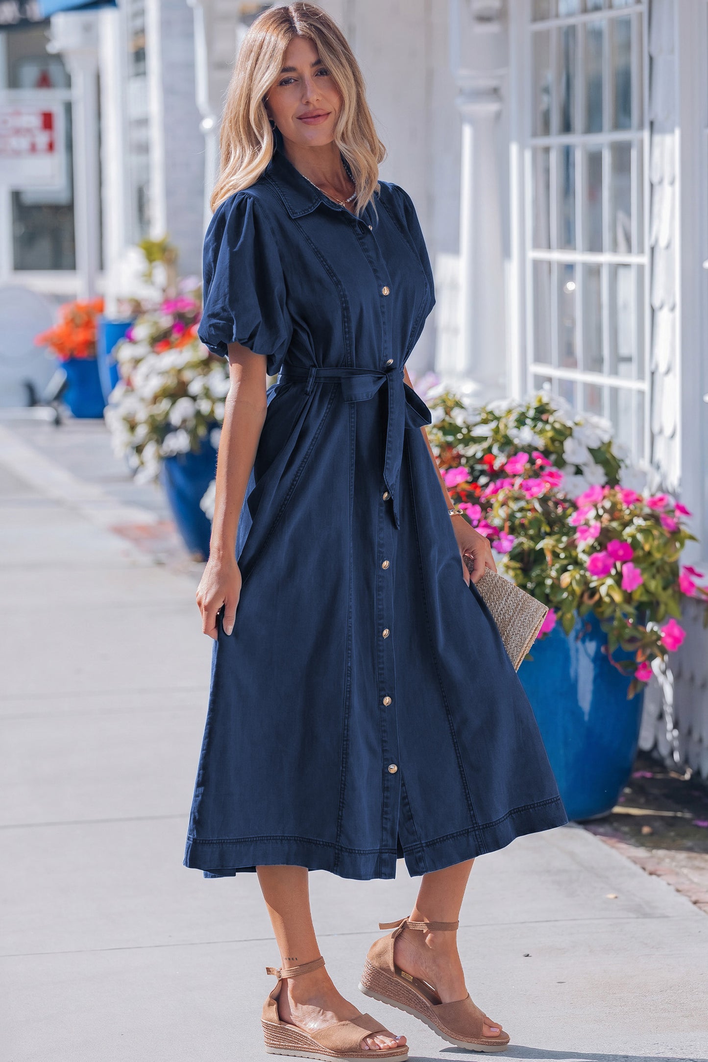 Sail Blue Full Buttons Collared Short Bubble Sleeve Long Denim Dress