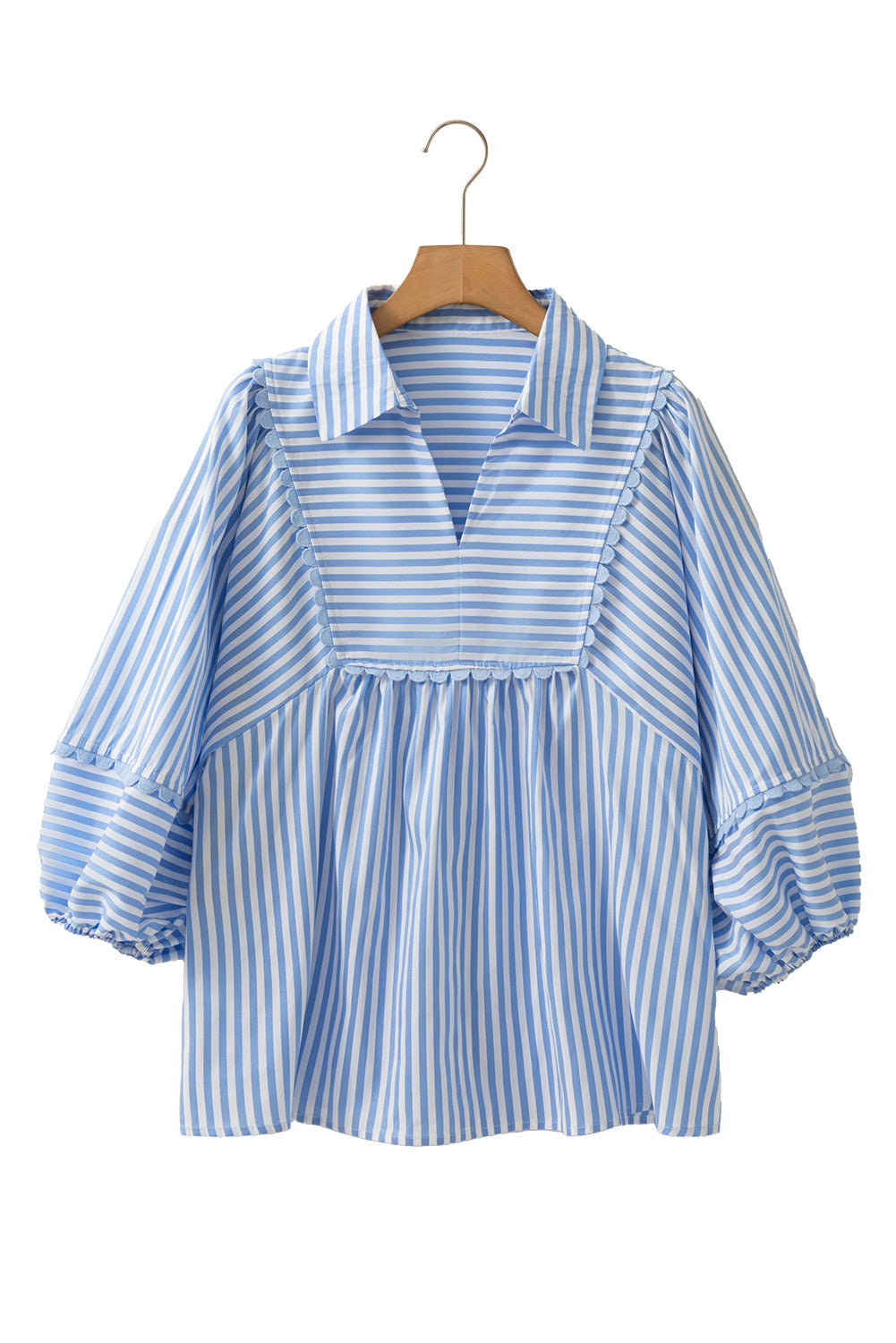 Sky Blue Striped Ric Rac Trim Collared V Neck Blouse