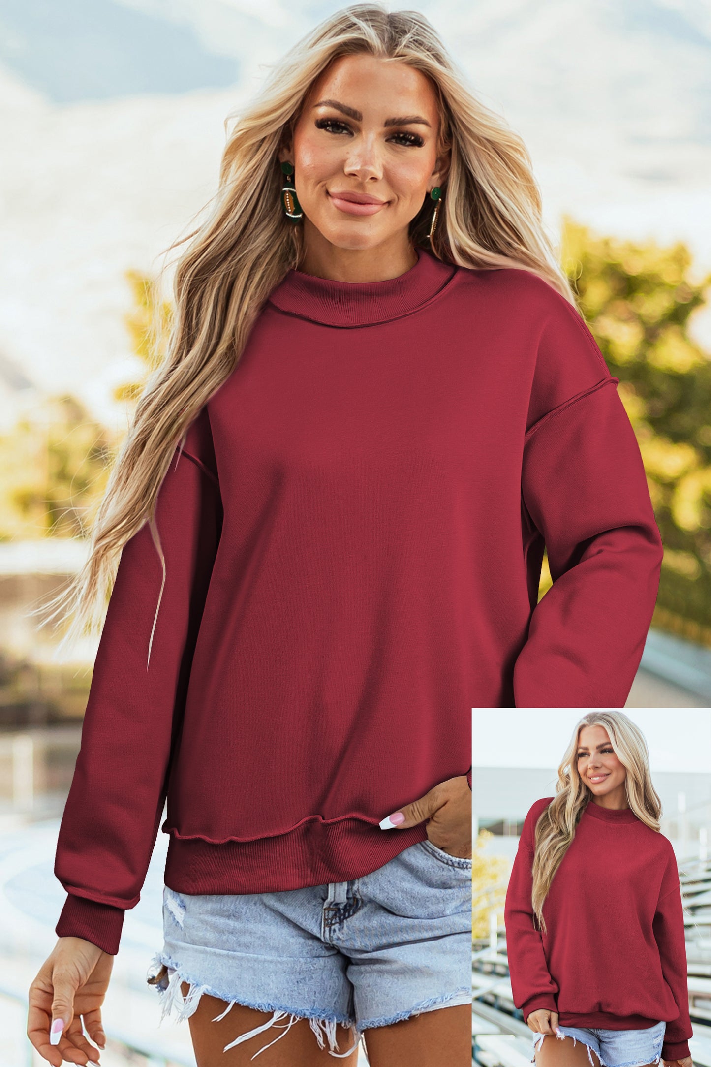 Apricot Oversize Drop Shoulder Reversible Mock Neck Sweatshirt
