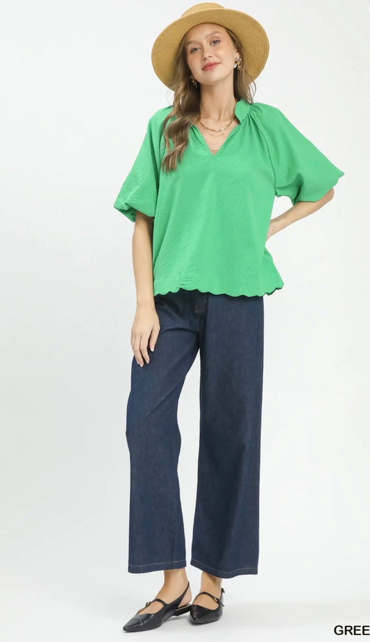 Umgee Green Scalloped Hem Top
