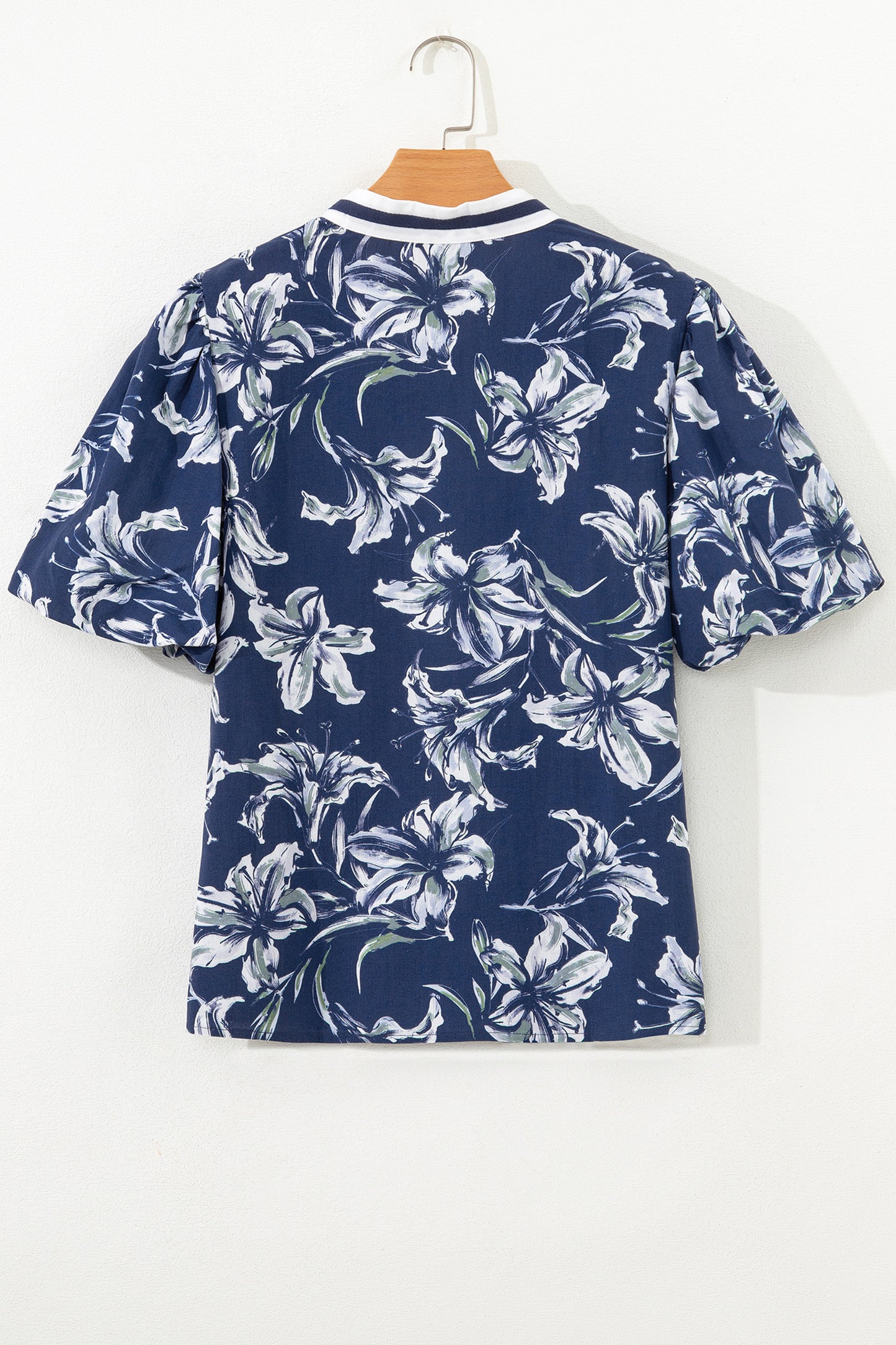 Blue Floral Print Short Puff Sleeve Striped Trim V Neck Blouse