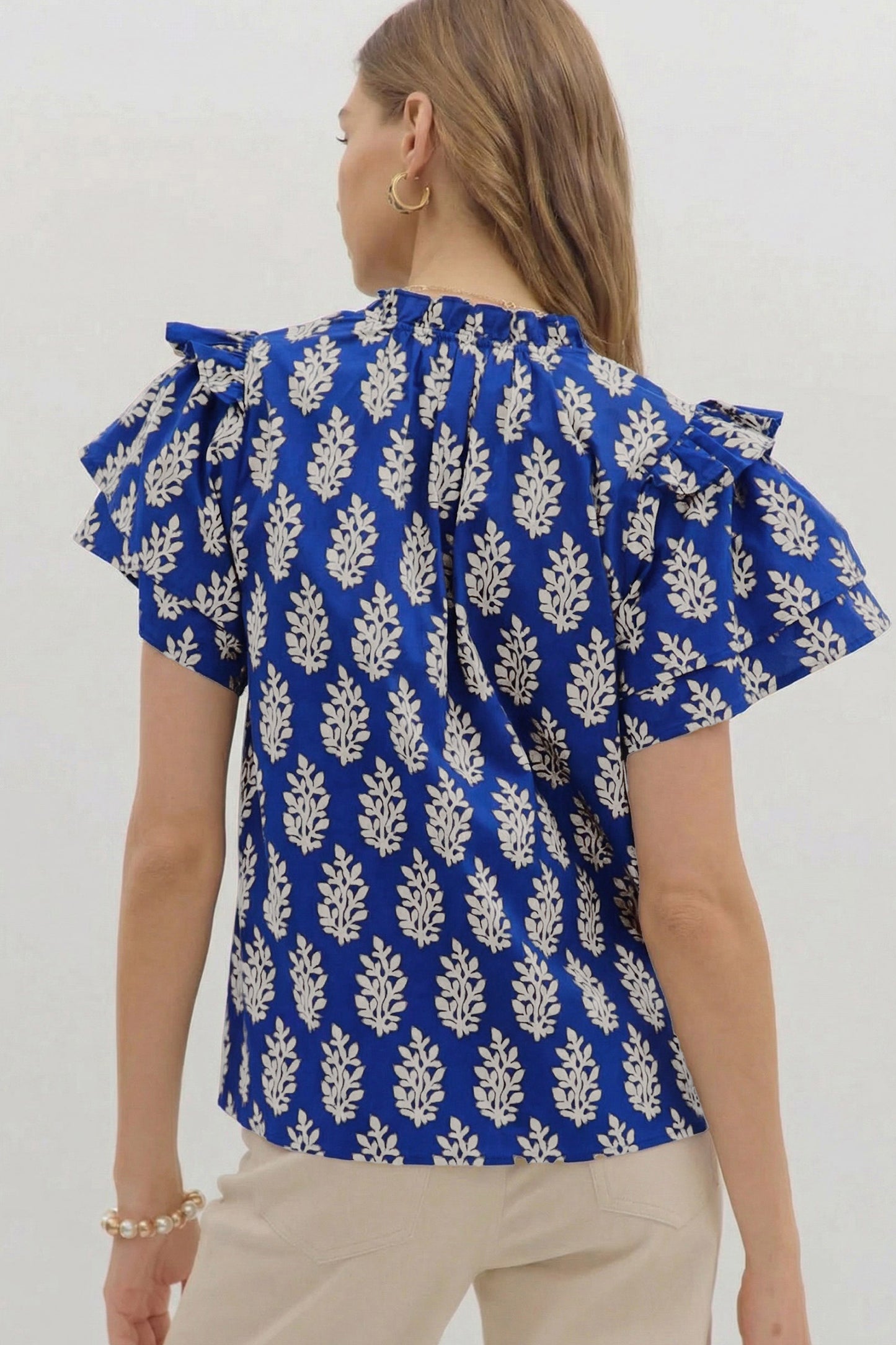Blue Plus Size Botanical Print Tie V Neck Ruffle Short Sleeve Blouse