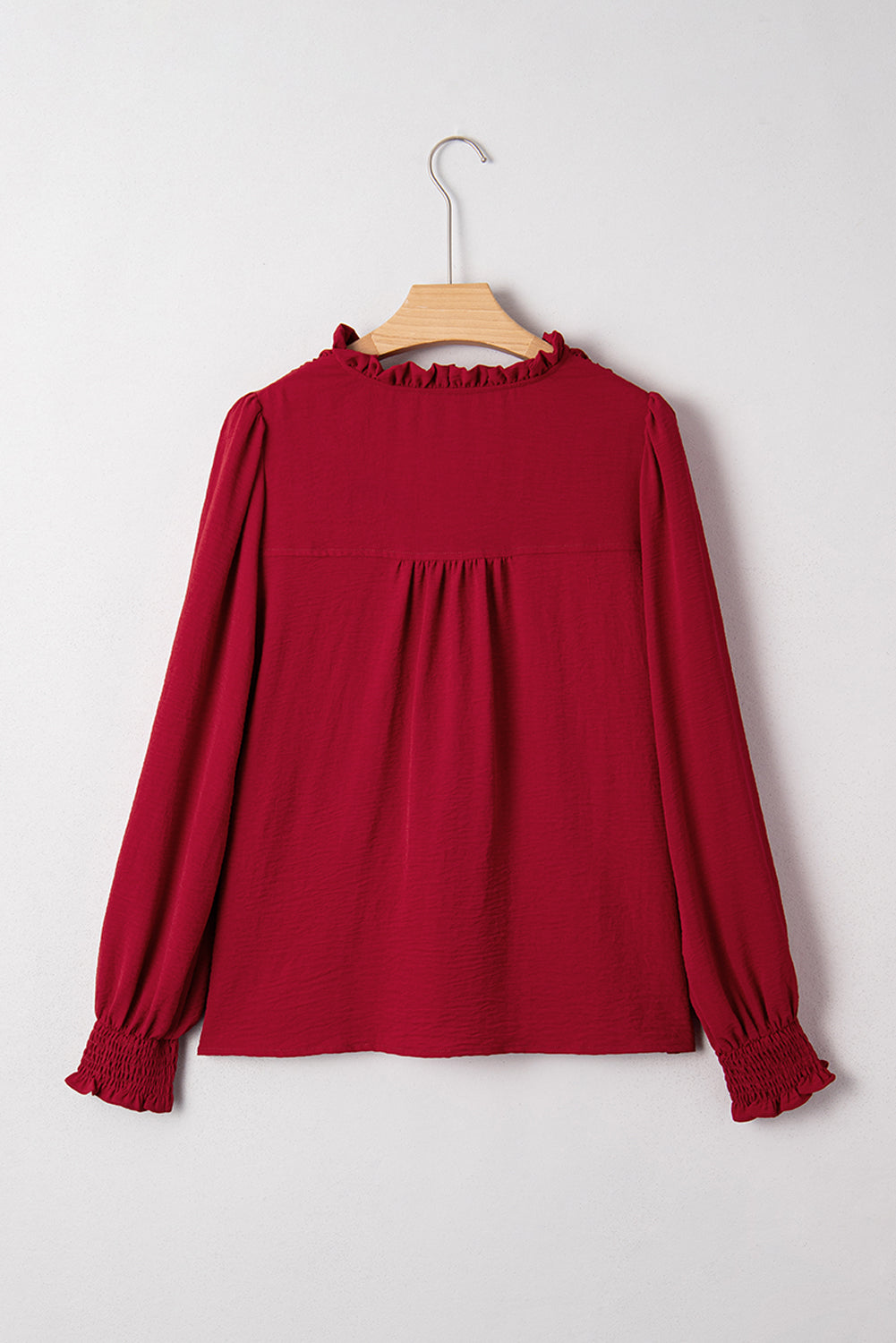 Burgundy Notched Neck Shirred Cuffs Long Sleeve Blouse