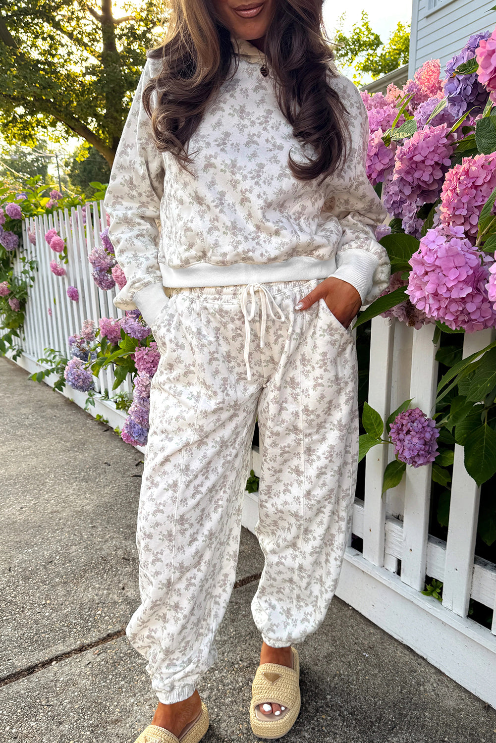 White Ditsy Floral Print Cozy Pullover Drawstring Pants Set