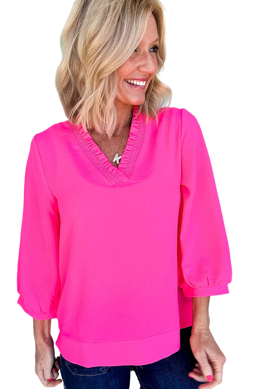 Moonlight Jade Frill V Neckline Puff Sleeve Crinkled Blouse
