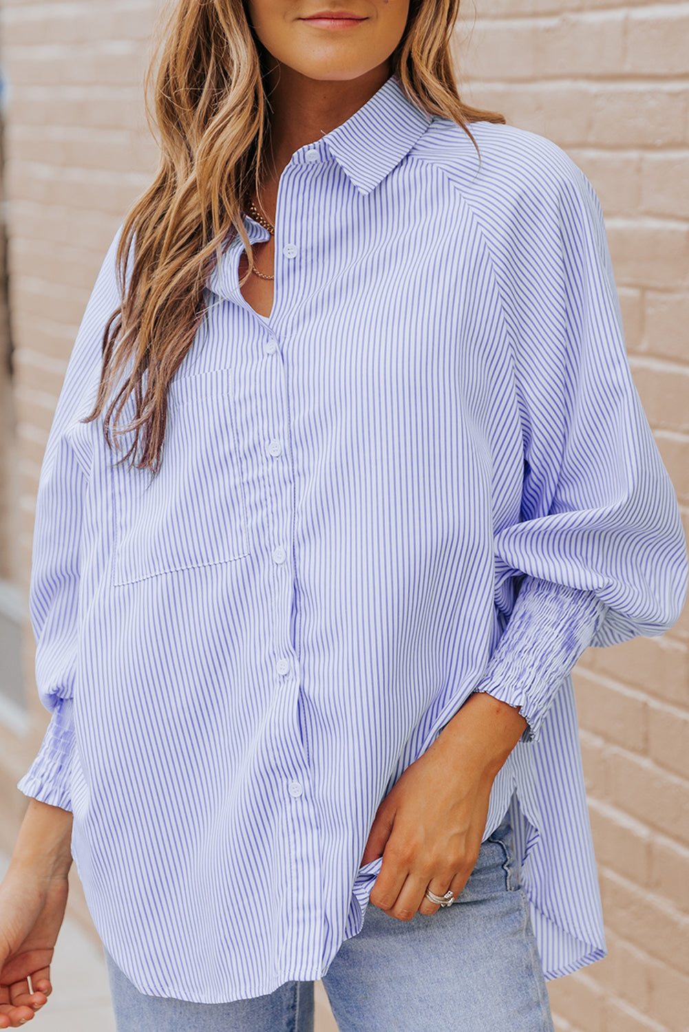 Blue Stripe Striped Casual Shirred Cuffs Shirt
