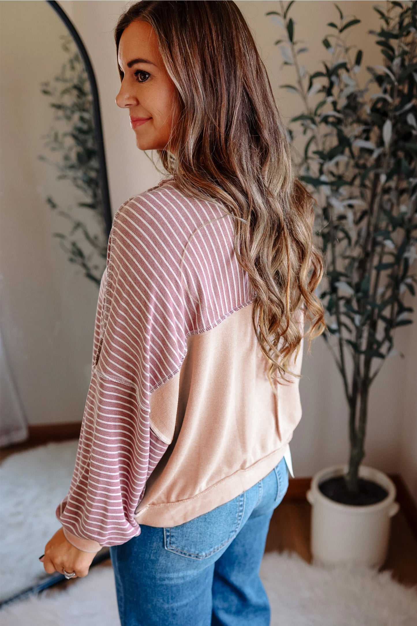 Pink Stripe Exposed Stitching Patchwork Casual Long Sleeve Top