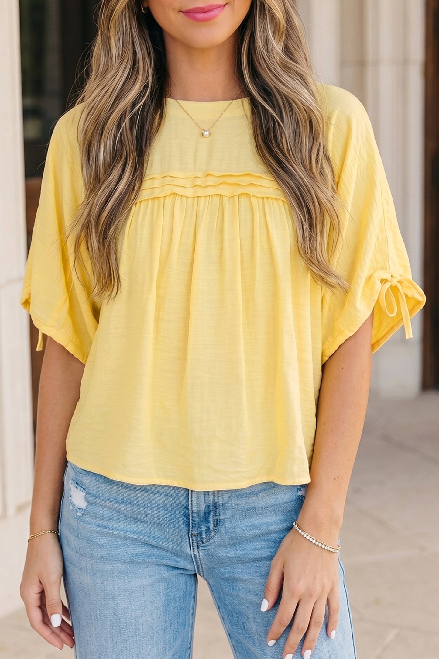 Meadow Mist Green Tie Half Sleeve Pleated Detail Babydoll Blouse