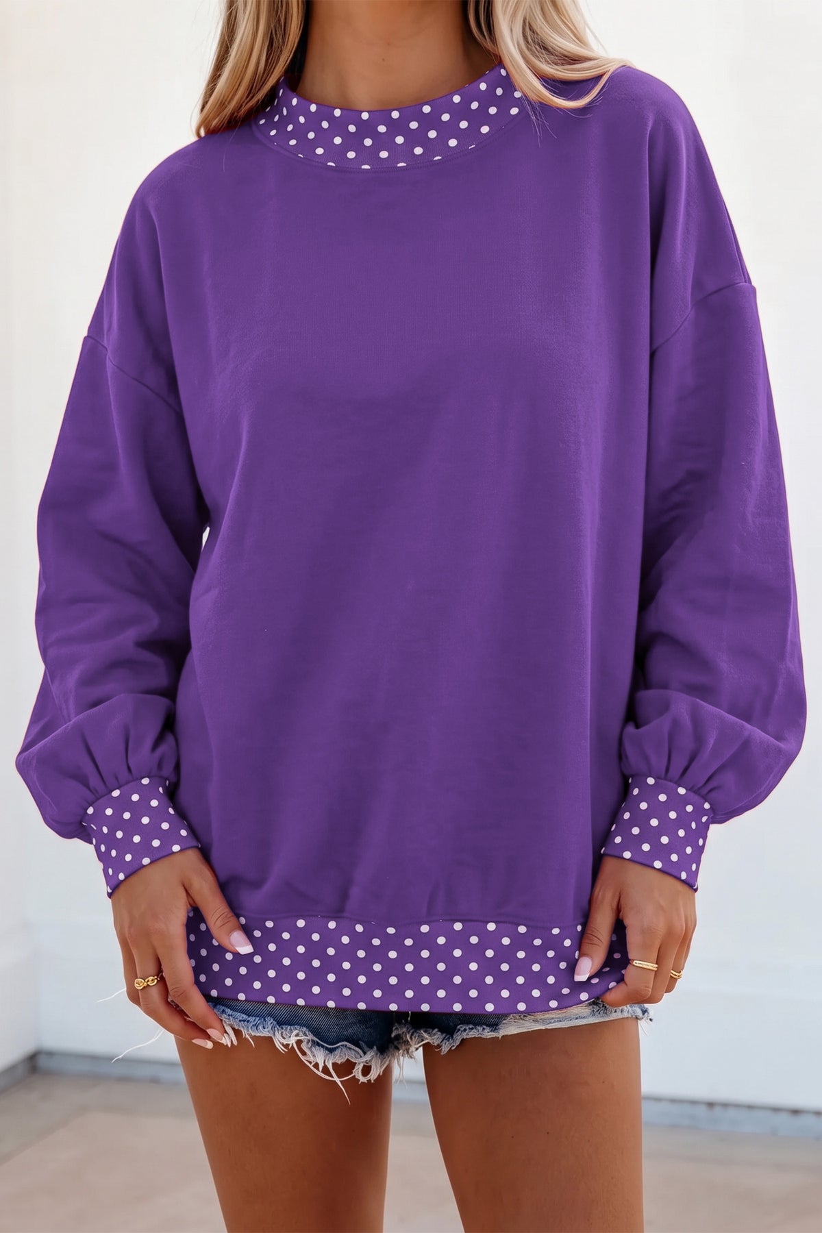 Brown Colorblock Polka Dot Contrast Trim Oversized Sweatshirt
