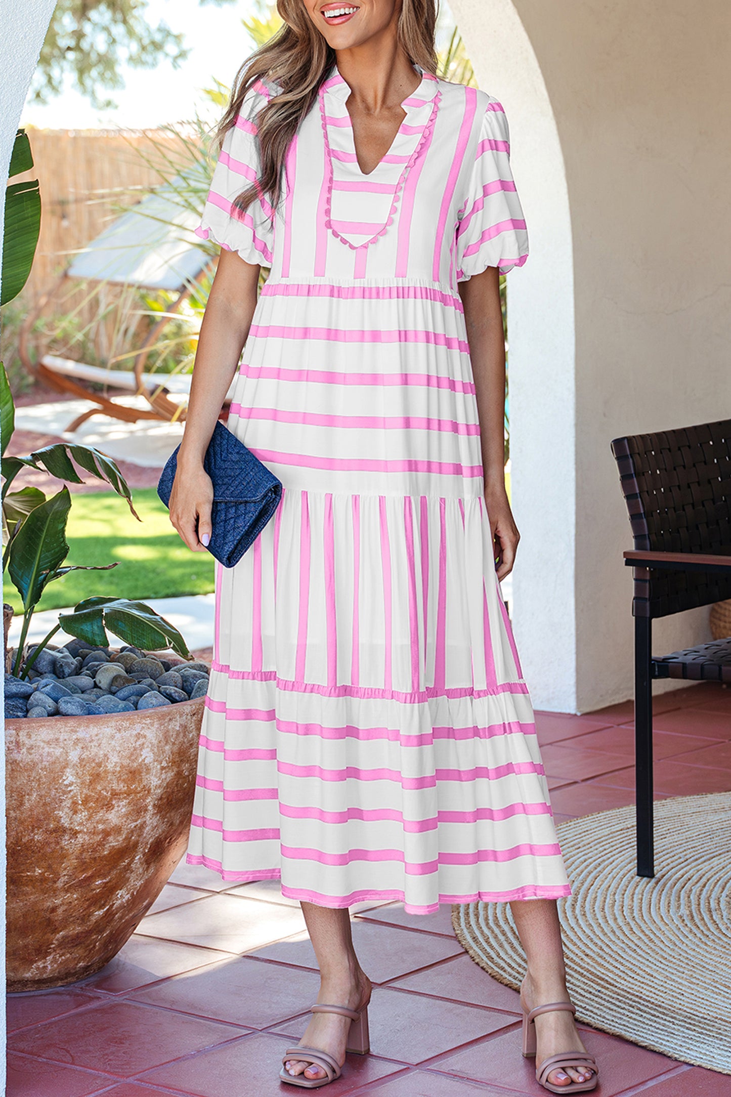 Sky Blue Stripe Ricrac Trim Notched Neck Half Sleeve Vacation Dress