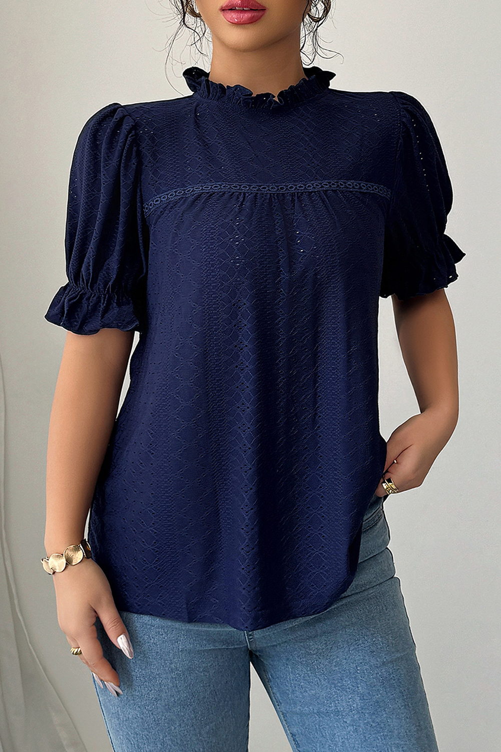 Navy Blue Frill Neck Plain Eyelet Blouse