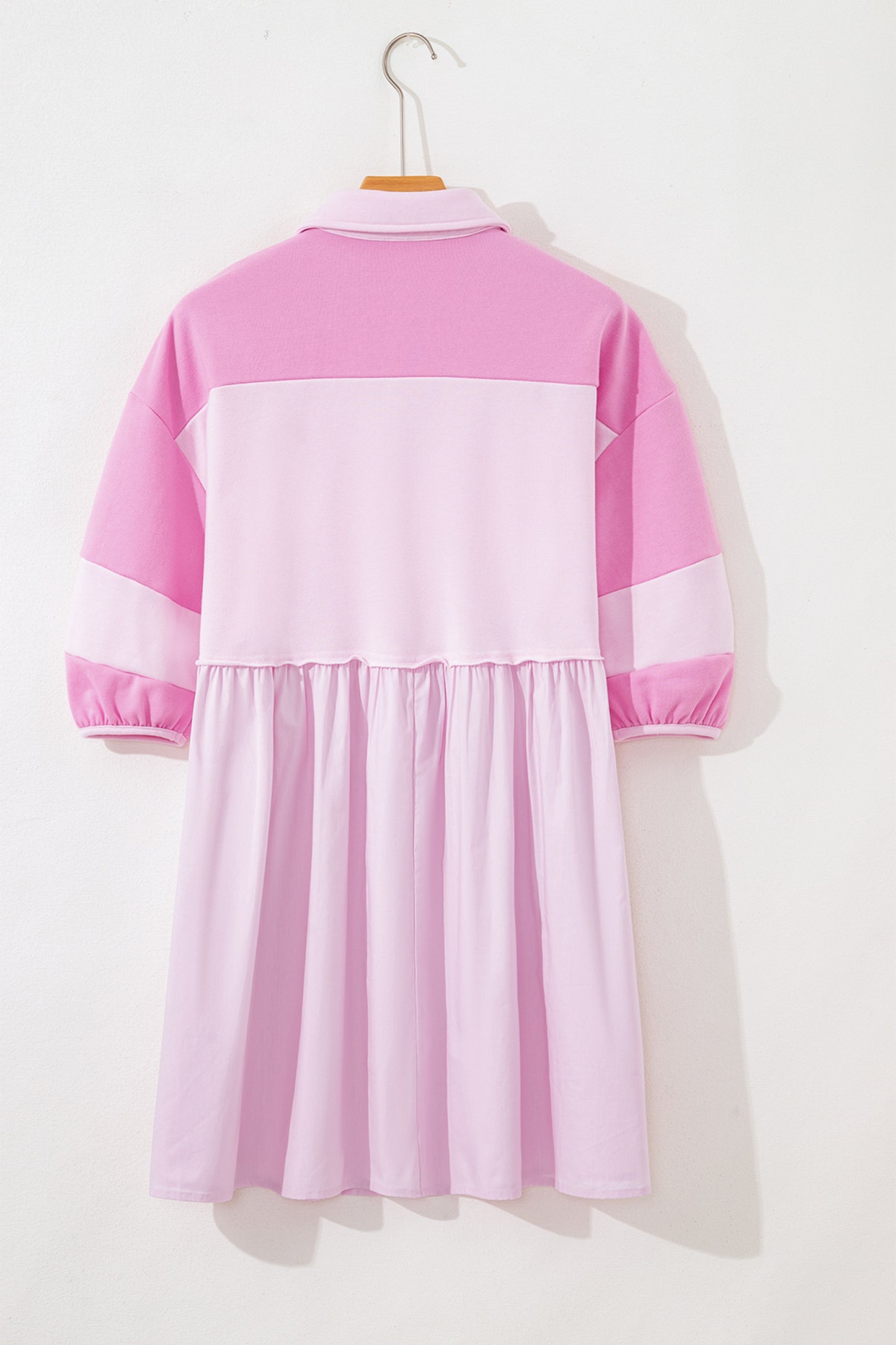 Pink Raw Seam Color Block Patchwork Button Polo Collar Mini Dress