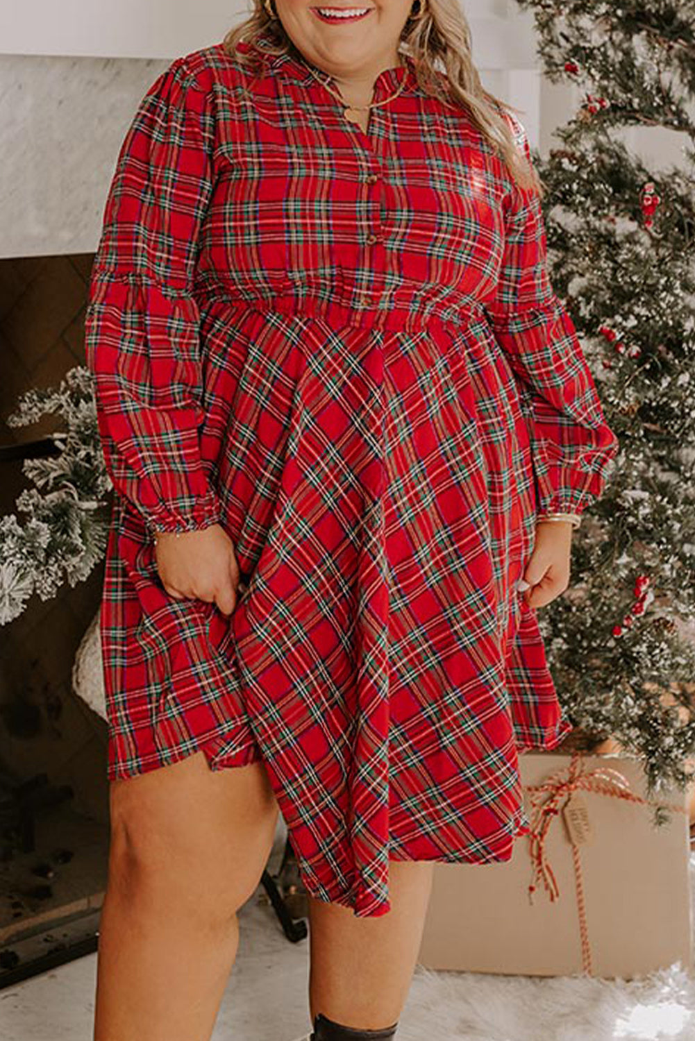 Red Plaid Half Button Long Sleeve Holiday Plus Size Dress