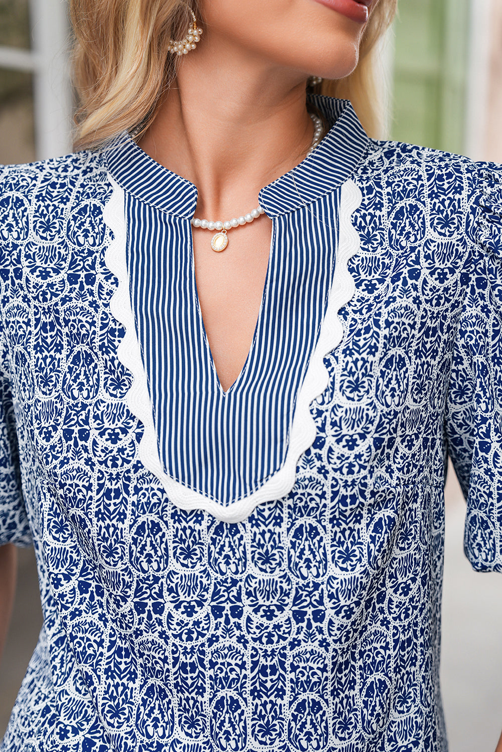 Blue Floral Striped Print Contrast Ricrac V Neck Puff Sleeve Blouse