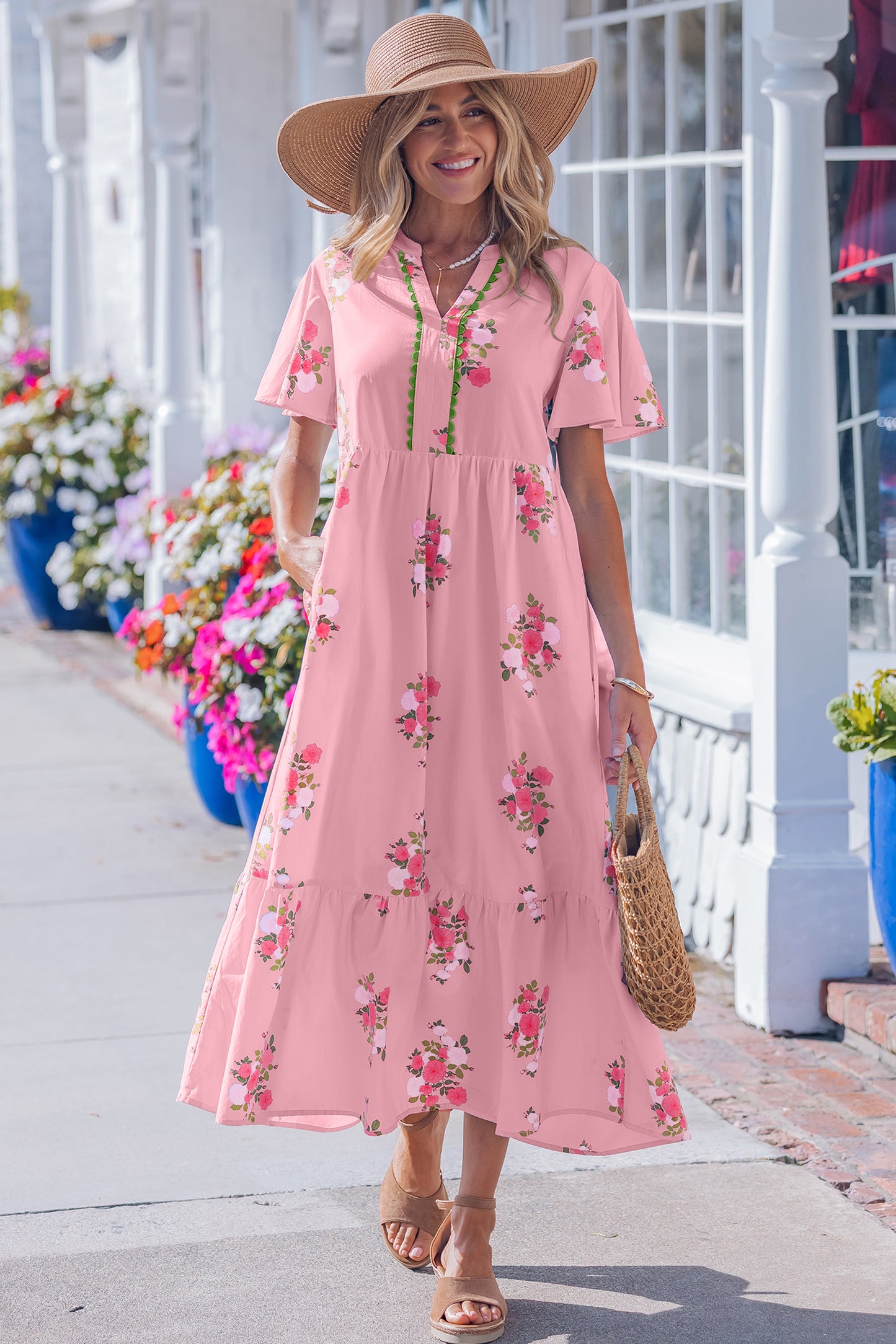 Sky Blue Notched Neck Flutter Short Sleeve Floral Print Maxi Dress