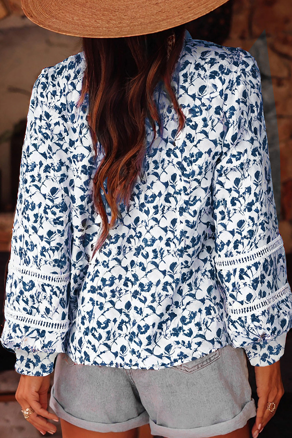 Khaki Printed Floral Print Lace Detail Puff Sleeve Shirt