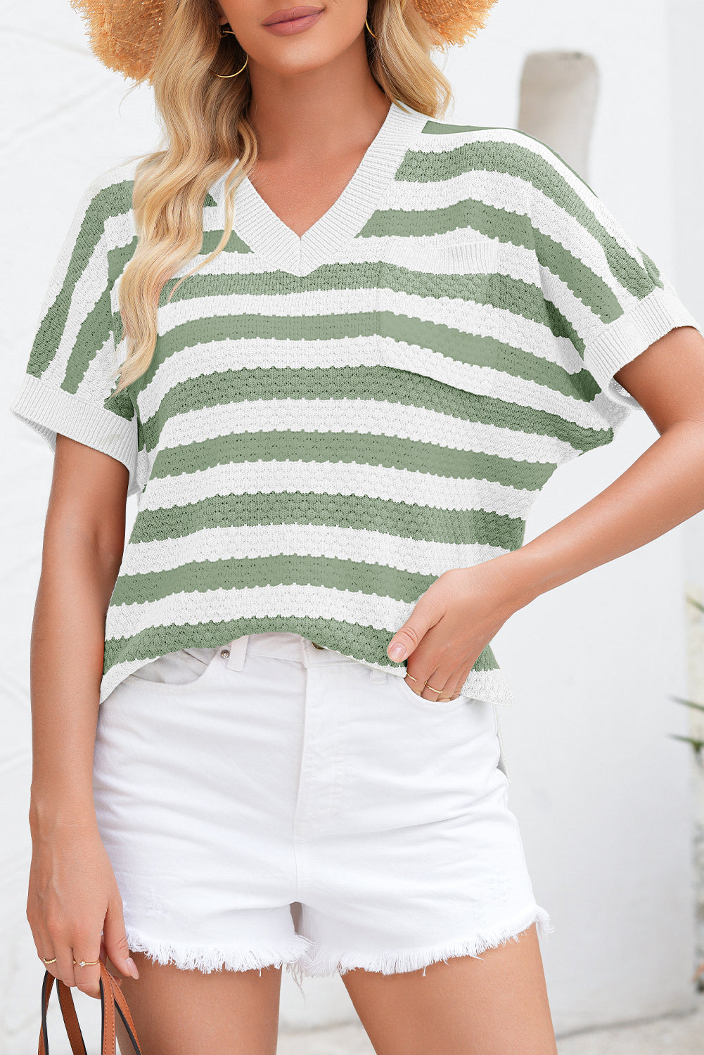 Green Stripe V Neck Short Sleeve Sweater with Side Slits