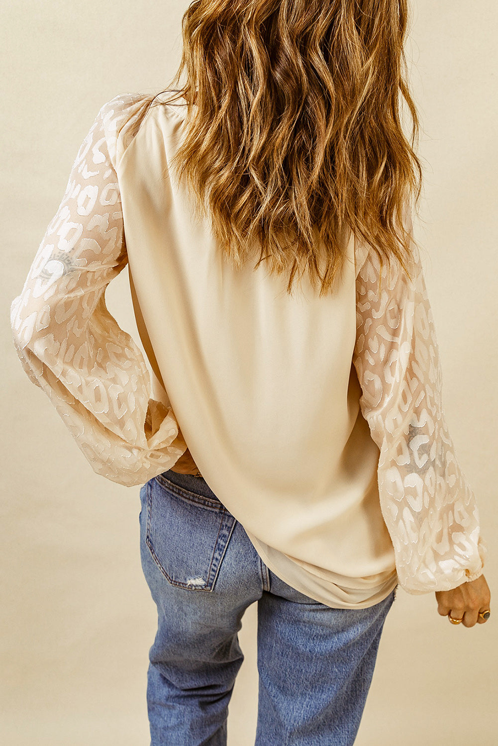 Beige Casual Leopard Sleeve Fringe Split Neck Blouse