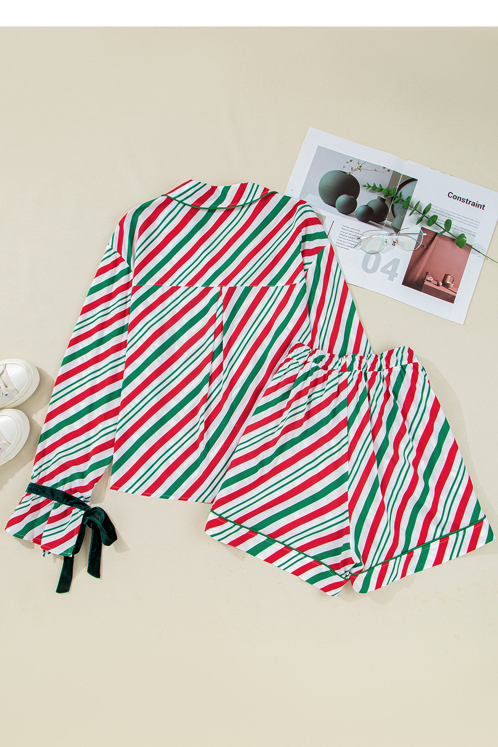 Green Striped Piping Trim Velvet Ribbon Knot Christmas Pajama Set