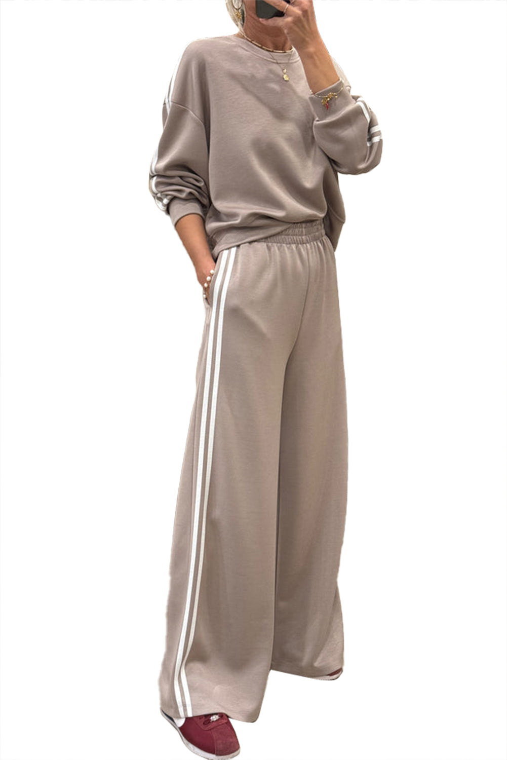 Gray Morn Varsity Striped Detail Cropped Pullover Wide Leg Pants 2pcs Outfit