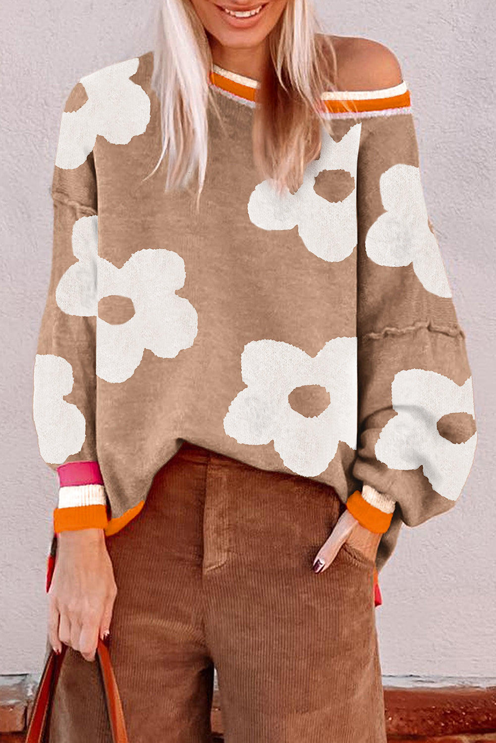 Smoke Gray Big Flower Pattern Contrast Striped Baggy Sweater